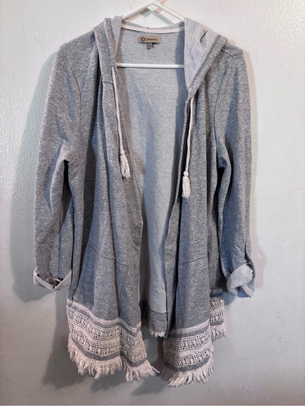Democracy Light Gray Knit Hooded Cardigan